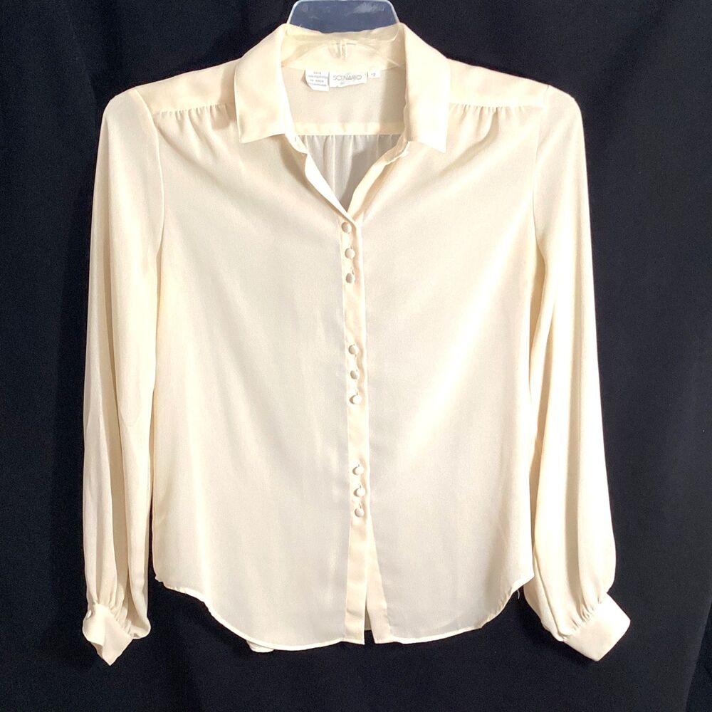 Scenario Vintage 80s Cream White Long Sleeve Button Up Blouse Women's Top